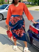 LW Plus Size V Neck Floral Print Ruched Drawstring Dress 4X