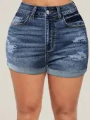 LW High Waist Ripped Pocket Design Solid Skinny Stretchy Denim Shorts