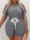 LW Plus Size Round Neck Drawstring Shorts Set 2X