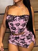LW Floral Print Lace Side Slit Skirt Set