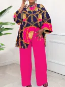 LW Plus Size Pattern Color Block Two-piece Pants Set 2X