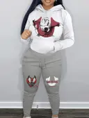 LW Casual Polyester Hooded Collar Pattern Mixed Print Letter Long Sleeve Two-piece Pants Set