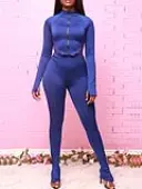 LW BASICS Casual Polyester Round Neck Zipper Design Solid Color Long Sleeve Two-piece Pants Set