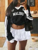 LW Casual Tatting Sweat Turndown Collar Patchwork Letter Long Sleeve Two-piece Skirt Set