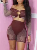 LW SXY Sxy Polyester Bateau Neck See Through Letter Long Sleeve Two-piece Shorts Set