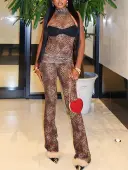 LW SXY Sxy Polyester Mock Neck Patchwork Leopard Print Sleeveless Leopard Two-piece Pants Set