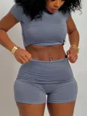LW BASICS Casual Polyester Round Neck Solid Color Short Sleeve Blue-grey Two-piece Shorts Set
