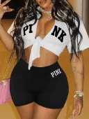 LW Casual Polyester Collarless Pattern Letter Short Sleeve Two-piece Shorts Set