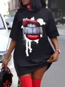 LW Plus Size Casual O Neck Lip Print Black Mini T-shirt Dress 1X