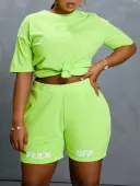 Lovely Sporty O Neck Letter Print Green Plus Size Two-piece Shorts Set 2X