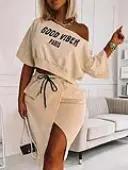 LW Plus Size Good Viber One Shoulder Letter Print High Split Skirt Set 3X