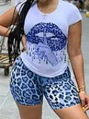 LW Plus Size Chic Leopard Lip Print Blue Two-piece Shorts Set 2X