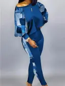 LW BASICS Lantern Sleeve Crop Top Patchwork Pants Set