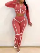 LW Hooded Collar Crop Top Striped Pants Set