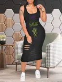 LW Letter Print Ripped Bodycon Cami Dress