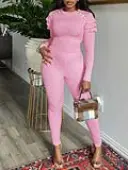 LW BASICS Rib Knit Button Ruffle Design Pants Set