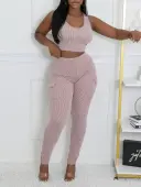LW BASICS Pocket Design Solid Color Two-piece Pants Set