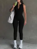 LW BASICS Zipper Design Solid Color Jumpsuit