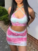 LW SXY Sxy Polyester Halter Cut Out Tie Dye Sleeveless Two-piece Skirt Set