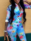 LW Casual Polyester Turndown Collar Pattern Floral Long Sleeve Two-piece Pants Set