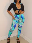 LW Casual Polyester Turndown Collar Pattern Geometric Half Sleeve Two-piece Pants Set