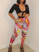 LW Casual Polyester Turndown Collar Pattern Geometric Half Sleeve Two-piece Pants Set