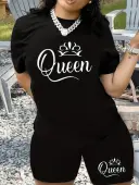 LW Casual Polyester Round Neck Pattern Letter Short Sleeve Two-piece Shorts Set