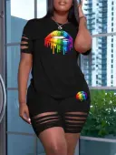 LW Plus Size Ripped Pattern Lip Print Two-piece Shorts Set 3X