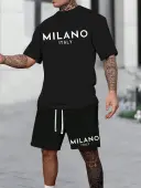 LW Men Pattern Letter Print Two-piece Shorts Set