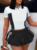 LW BASICS Casual Polyester Turndown Collar Color Block Striped Short Sleeve Two-piece Skirt Set