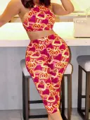 LW Casual Polyester Round Neck Pattern Geometric Sleeveless Two-piece Pants Set
