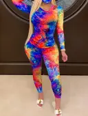 LW Casual Polyester V Neck Pattern Full Print Tie Dye Long Sleeve Two-piece Pants Set