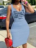 LW Casual U Neck Letter Print Blue Dress