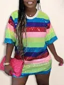 LW Round Neck Sequined Striped Dress