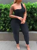 LW BASICS Plus Size One Shoulder Skinny Stretchy Jumpsuit 1X
