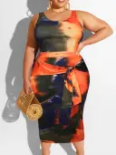 LW Plus Size Cami Tie Dye Bandage Design Skirt Set 5X