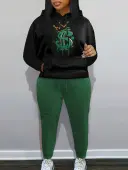 LW Plus Size Crown Letter Print Kangaroo Pocket Tracksuit Set 2X