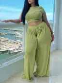 LW BASICS Plus SizeCrop Top Wide Leg Pants Set 2X