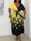 LW BASICS Plus Size V Neck Floral Print Belt Design Dress 1X