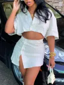 LW Casual Polyester Turndown Collar Split Solid Color Short Sleeve Two-piece Skirt Set