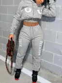 LW Street Polyester Hooded Collar Pattern Letter Print Long Sleeve Two-piece Pants Set
