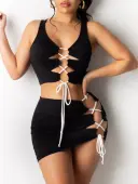 LW SXY Sxy Polyester Collarless Bandage Design Solid Color Sleeveless Two-piece Skirt Set