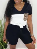 LW Casual Polyester V Neck Pattern Color Block Short Sleeve Two-piece Shorts Set