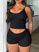 LW BASICS Casual Polyester U Neck Solid Color Sleeveless Two-piece Shorts Set