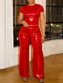 LW Casual Polyester Round Neck None Solid Color Short Sleeve Two-piece Pants Set