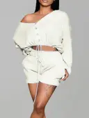 LW BASICS Casual Polyester V Neck Drawstring Solid Color Long Sleeve Two-piece Shorts Set