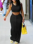 LW Casual Modal Round Neck Drawstring Shirred Solid Color Sleeveless Two-piece Skirt Set