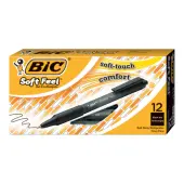 BIC® Soft Feel® Retractable Ballpoint Pens, Fine Point, 0.8 mm, Black Barrel, Black Ink, Box Of 12 Pens