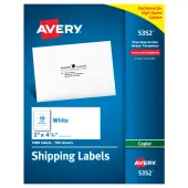 Avery® Shipping Labels For Copiers, 5352, Rectangle, 2"" x 4-1/4"", White, Pack Of 1,000
