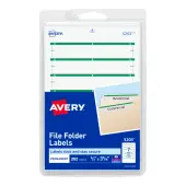 Avery® File Folder Labels On 4"" x 6"" Sheet With Easy Peel, 5203, Rectangle, 2/3"" x 3-7/16"", White With Green Color Bar, Pack Of 252 Labels